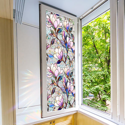 Flower Stained Glass Window Film Decorative Static Cling Stickers Sun Blocking Rainbow Privacy Decals for Home Car Purple Magnolia