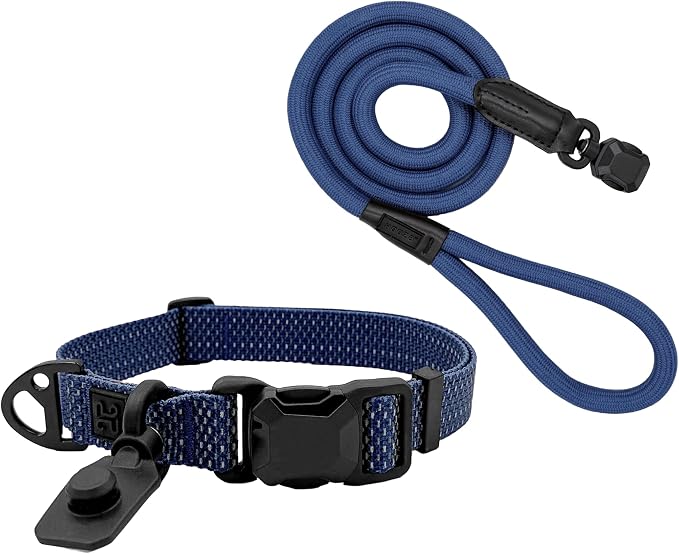 Quick Clip Dog Collar & Rope Leash Set, Blue Medium – Magnetic Buckle, Reflective