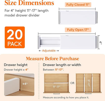 Lifewit 20 Pack Upgrade Drawer Dividers for Clothes, 4" High 11-17" Adjustable Dresser Drawer Organizers, Expandable White Plastic Drawer Separators for Kitchen, Nursery, Office Organization & Storage
