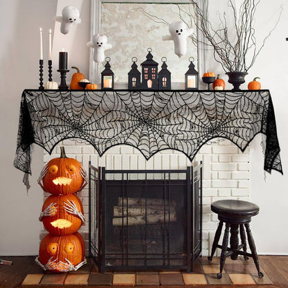 QINYIER 3Pcs Halloween Lace Tablecloths, Black Spiderweb Table Cloths (Rectangle and Round), Fabric Cover for Fireplace, Side Table, Lampshade, Halloween Party Decor