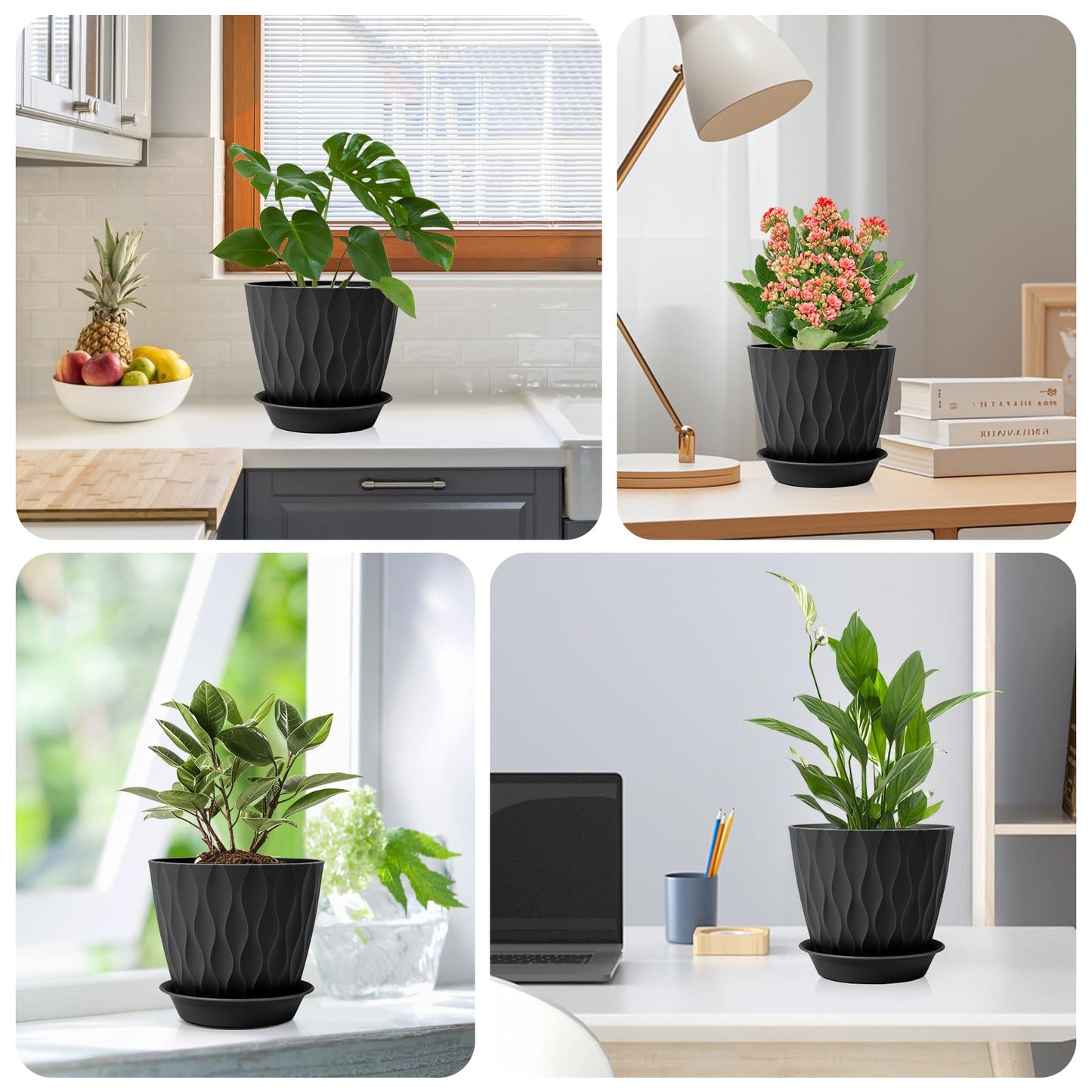 GARDIFE 7/6.5/6/5.5/5/4.5/4 inch Plant Pots, 7 Pack Flower Pots Indoor Outdoor, Planters with Drainage Holes and Tray Saucers (Black)