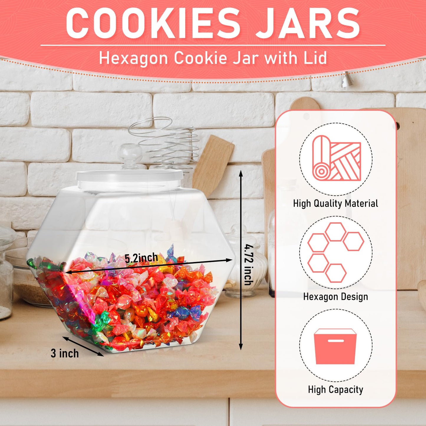 EBOOT 4 Pcs 29 oz Plastic Candy Cookie Jars for Kitchen Counter Hexagon Cookie Jar with Lid Clear Candy Containers Laundry Pod Storage Container Dry Food for Buffet Dog Treats Craft
