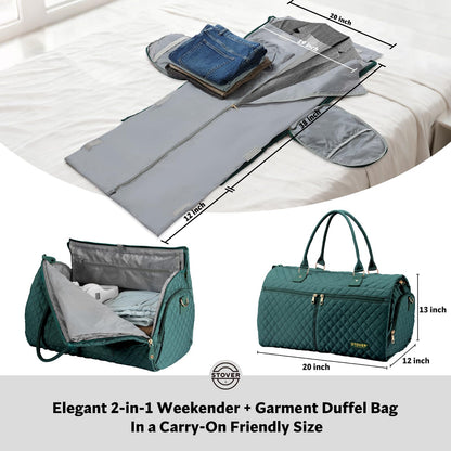 STOVER Women’s Convertible Garment Duffel Bag for Travel – 2-in-1 Carry-On Weekender/Overnight Tote - Wrinkle-Free Dresses, Suits & Clothes + Shoe Compartment & Bonus Toiletry Bag (Emerald Green)