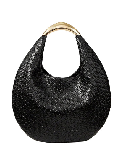 QWINEE Women's Woven Handbag Elegant Clutch Purse Metal Top Handle Cresent Evening Bag Retro PU Leather Clutch Purse Black One Size
