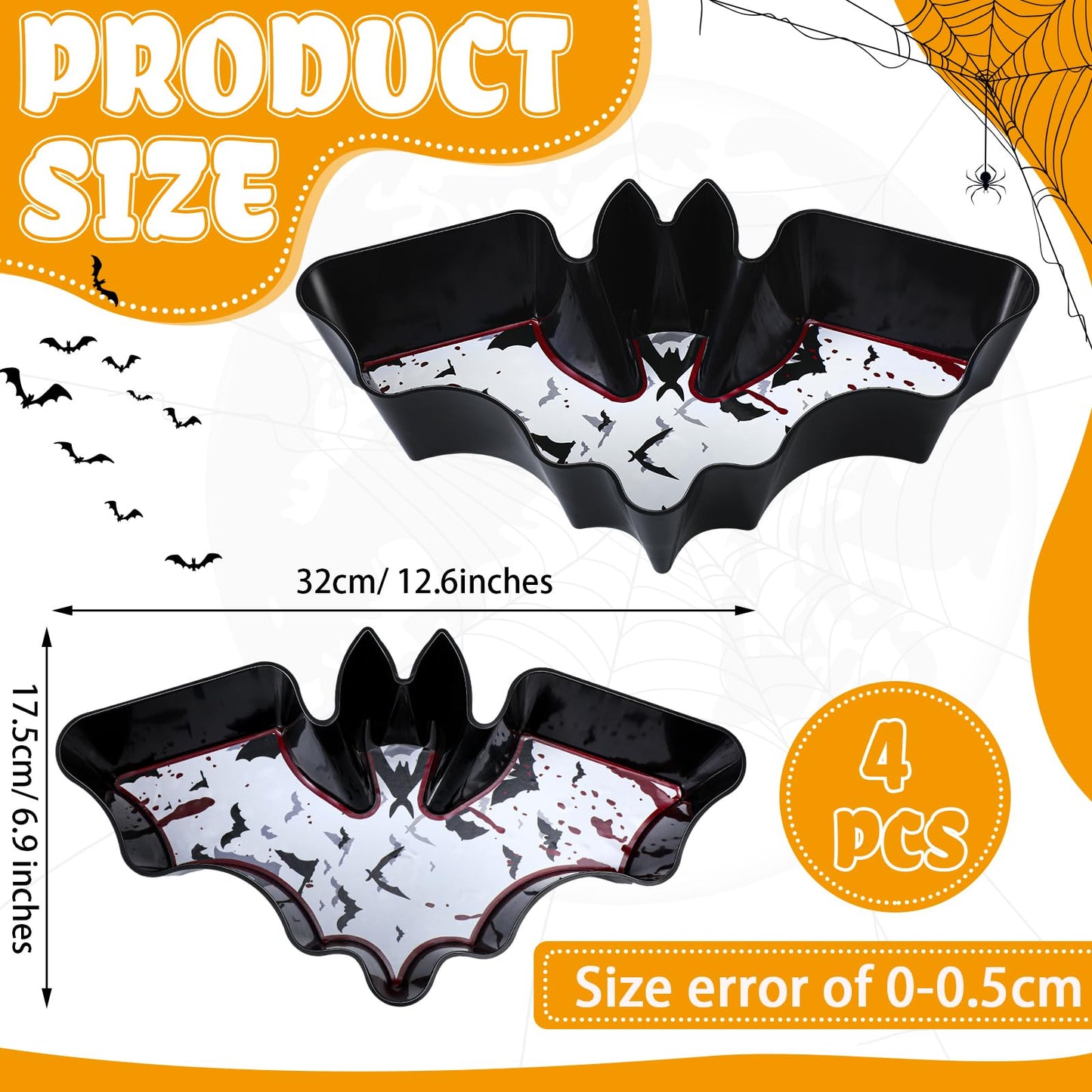 Dandat 4 Pcs Halloween Candy Bowl Plastic Halloween Serving Tray Dishes Creepy Plastic Platter with Spooky Bloodstain for Party Supply(Bat Shape)