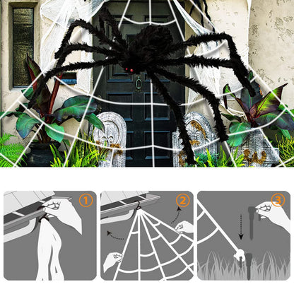 UMEELR Halloween Decorations Outdoor, 200" Web & 50" Giant Spider, Scary Fake Spider with Triangular Huge Web for Yard Lawn Haunted House Decor