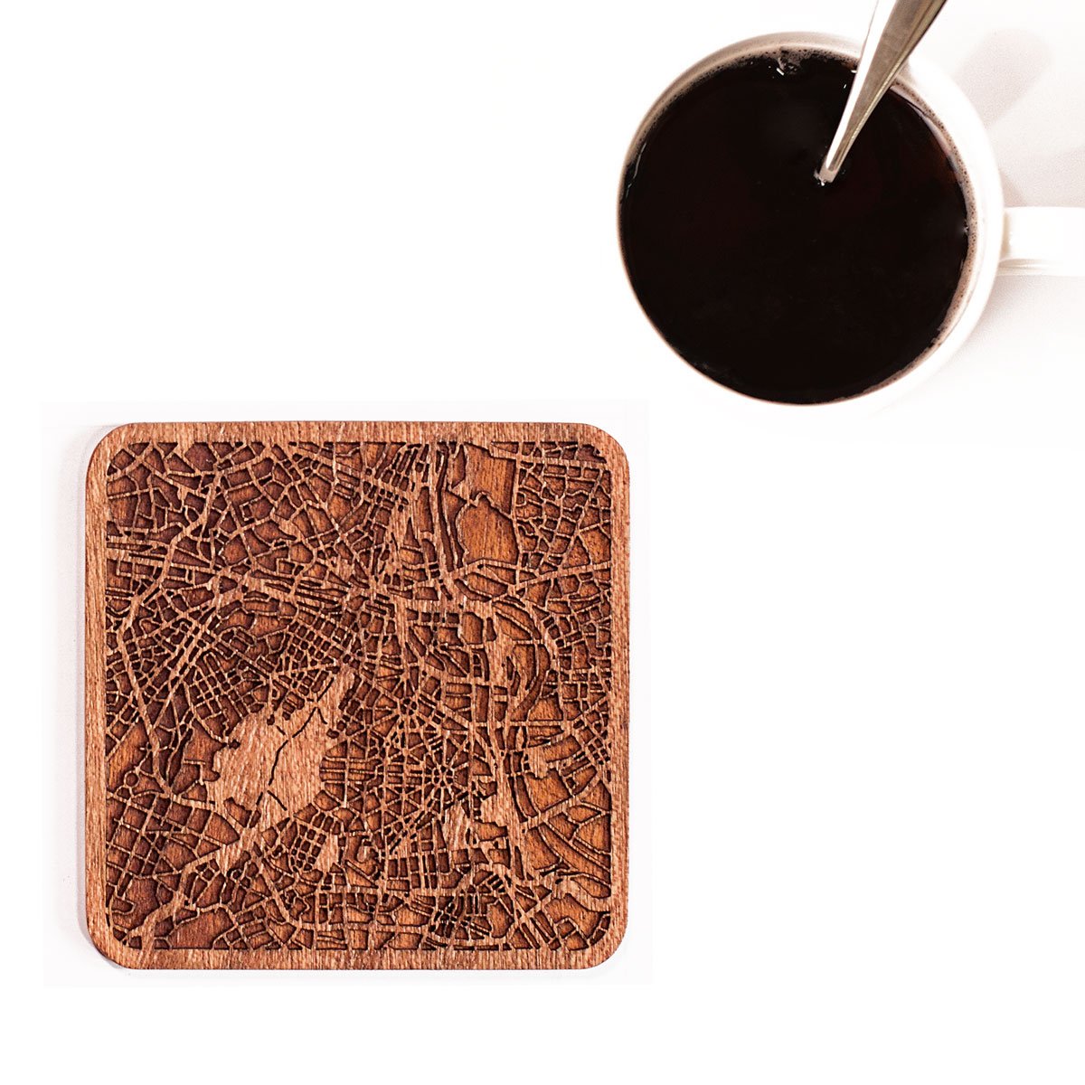 New Delhi Map Coaster by O3 Design Studio, Set Of 4, Sapele Wooden Coaster With City Map, Handmade