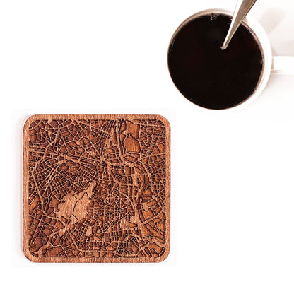 New Delhi Map Coaster by O3 Design Studio, Set Of 4, Sapele Wooden Coaster With City Map, Handmade