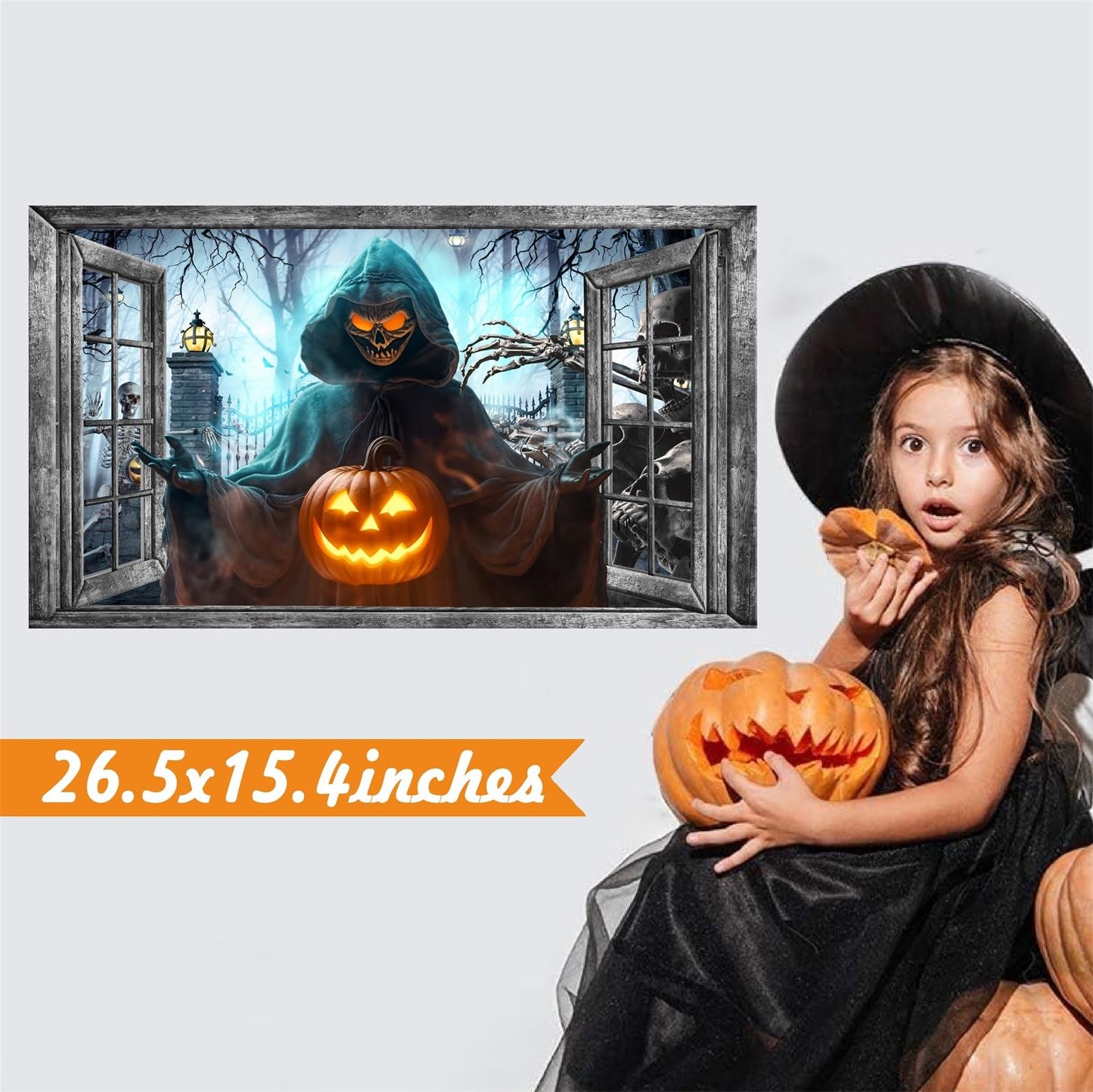 Halloween Wall Decor Halloween Decals 3D Fake Window Wall Decal Peel and Stick Grim Reaper Pumpkins Skeleton Wall Art Murals Halloweens Decoration for Living Room Bedroom Haunted House Party Supplies