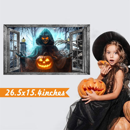 Halloween Wall Decor Halloween Decals 3D Fake Window Wall Decal Peel and Stick Grim Reaper Pumpkins Skeleton Wall Art Murals Halloweens Decoration for Living Room Bedroom Haunted House Party Supplies
