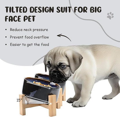 SPUNKYJUNKY 15° Slanted Ceramic Dog and Cat Bowl with Wooden Stand, Tilted Bulldog Food and Water Bowl No Slip Non-Spill for Cats Medium Dogs Big Face Pets 28.7 OZ (3.6 Cups, Starry Blue × 2)