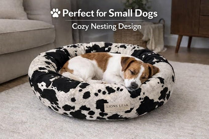 Round Dog Bed – Natural Canvas, Removable Washable Cover, Raw Cotton or Latex Fill, Hypoallergenic Non-Toxic, Made in USA (Cow Print Black White, Small, Firm Support – Raw Cotton)