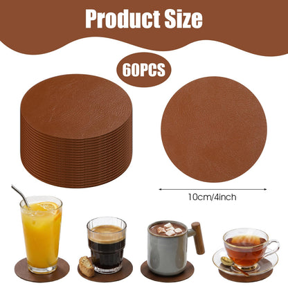 Oqqlin 60 Pcs PU Leather Coasters, 4 Inch Round Leather Coasters 10 mm Thickness Brown Drink Coaster for Home, Coffee, Tabletop Protection, Home Decoration
