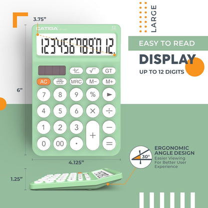 CATIGA 12 Digit Desktop Calculator Basic Desk Calculator with Large LCD Display, Big Buttons, 4 Function, Solar and Battery Dual Power, for Office, School, Home, SD-1292 Mint