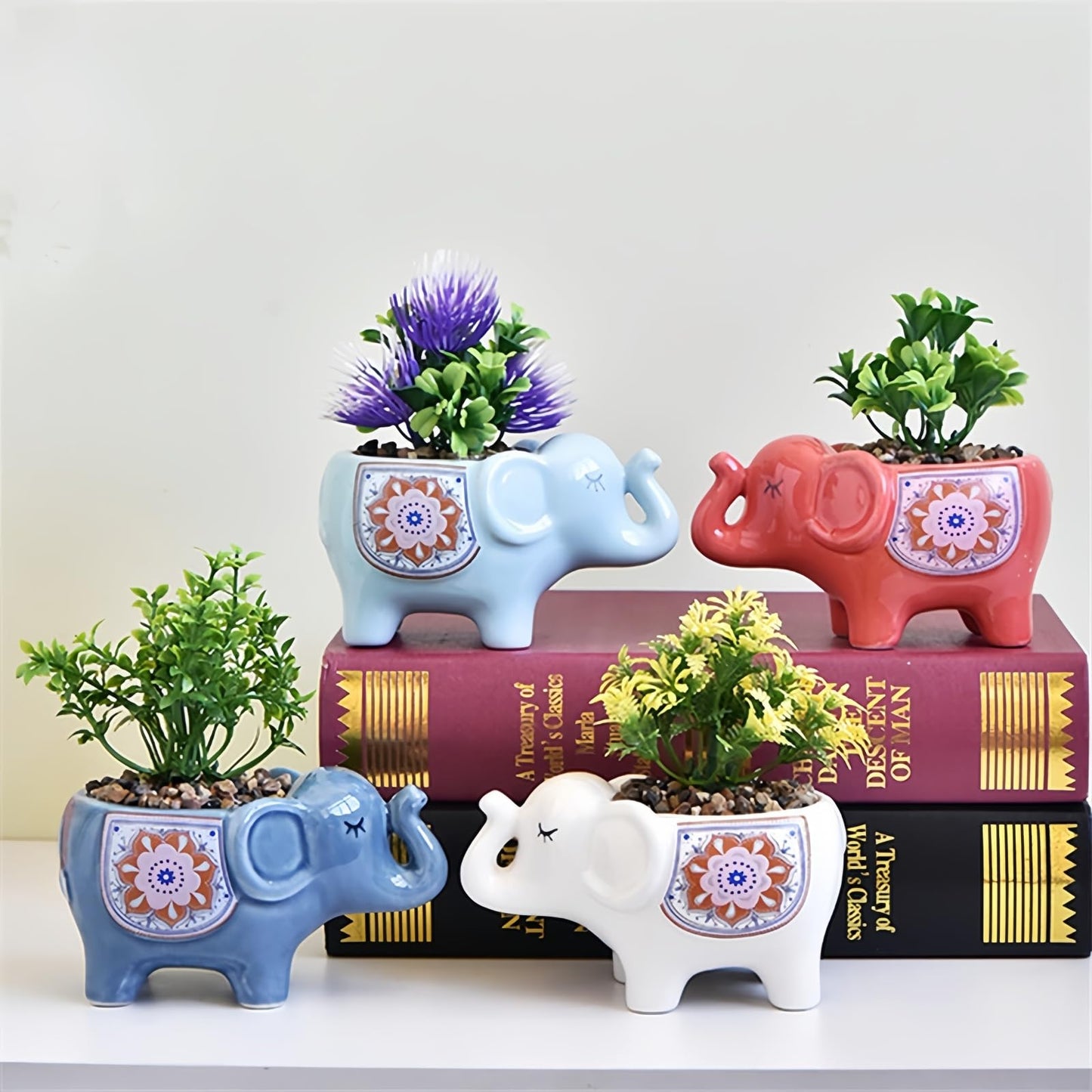 SUSOYAOCHEN Ceramic Succulent Planter, Animal Cactus Small Flower Pots with Drainage Cute Elephant Bonsai Pot for Desktop Windowsill Indoor Outdoor Decor (Dark Blue)