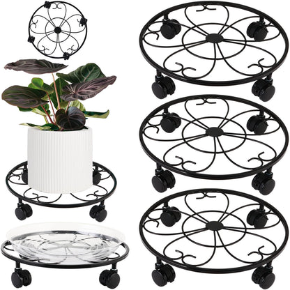 DEELF OUTLET 3 Packs 12 inches Large Metal Plant Caddy with Wheels Round Planter Dolly Pot Mover Rollers Wrought Iron Rolling Plant Stands Indoor Outdoor Wheeled Plant Holder Coaster Trolley, Black