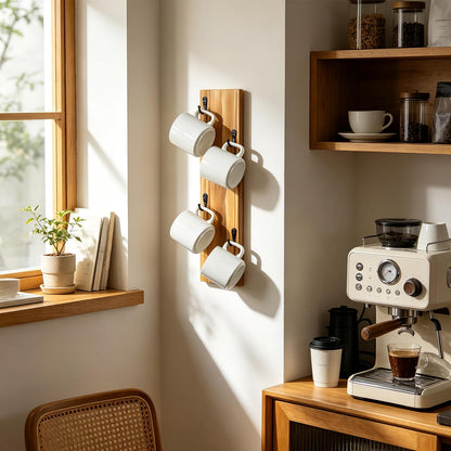 Yohsnor Coffee Mug Wall Rack - Stylish Wooden Cup Holder & Wall-Mounted Organizer with Hooks | Perfect Storage Solution for Small Spaces & Kitchen Coffee Corners