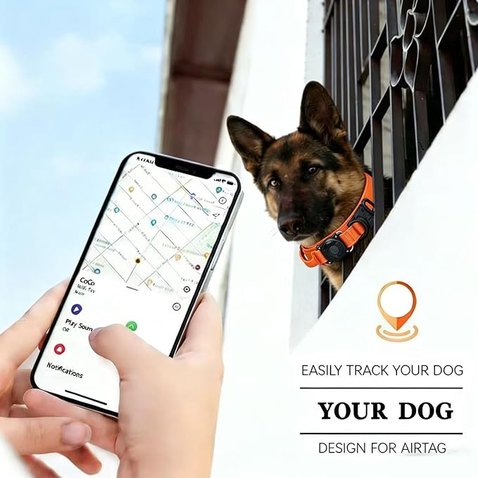Upgraded AirTag Dog Collar,Waterproof Tactical Dog Collar with AirTag Holder, Control Handle and Metal Buckle,Heavy Duty Dog Collars for Large Dogs(Orange，XL