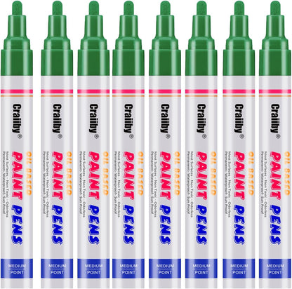 Green Paint Markers, 8 Pack Oil-Based Waterproof Quick Dry Permanent Paint Pen Set for Rocks Painting, Wood, Fabric, Plastic, Canvas, Glass, Mugs, Metal, Tire, Stone, DIY Craft
