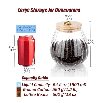 FANTESTICRYAN Glass Coffee Nuts Canister Airtight Storage Jar Petal Decorative Container with Bamboo Lid Metal Handle Easy to Grasp 1600ml, 54 FL OZ (Large Oval)