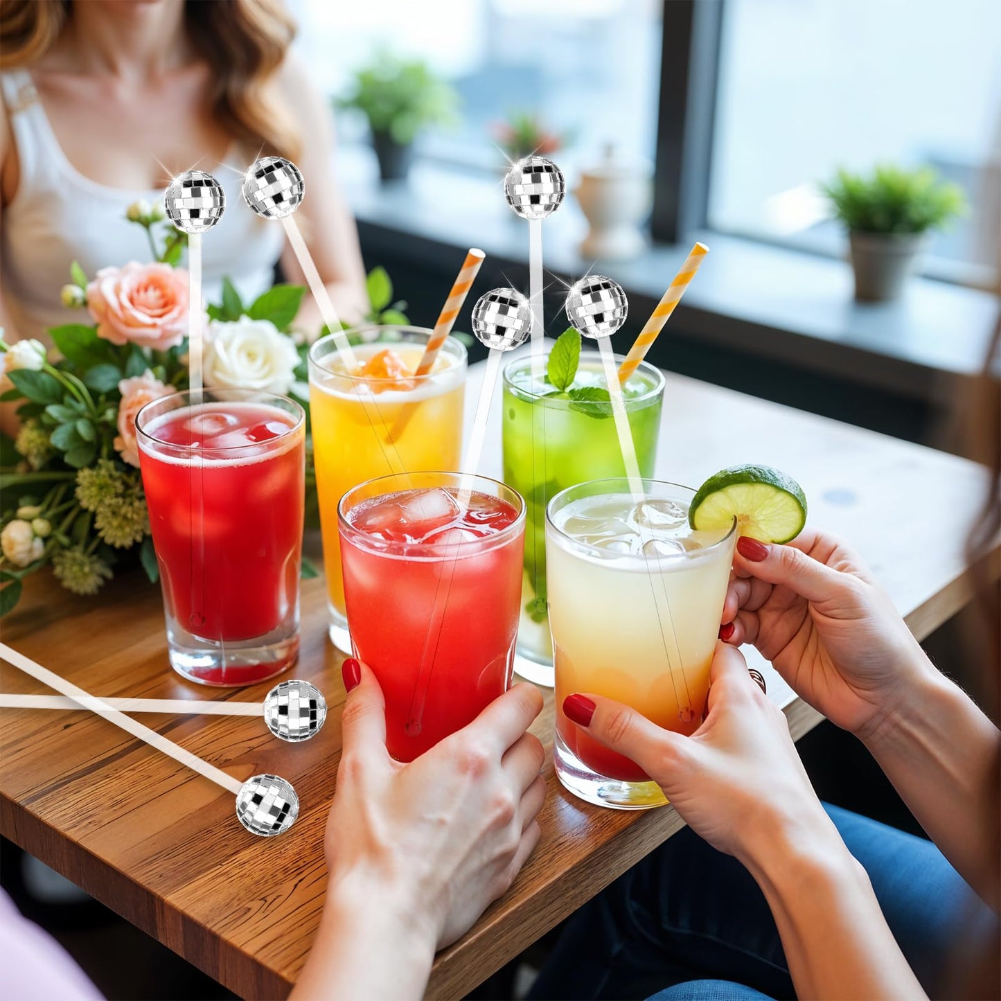 80 Pcs Disco Ball Cocktail Stirrers Plastic Round Top Swizzle Sticks Cake Pops Mirror Ball Coffee Beverage Stirrers for Home Bar Coffee Shop Use