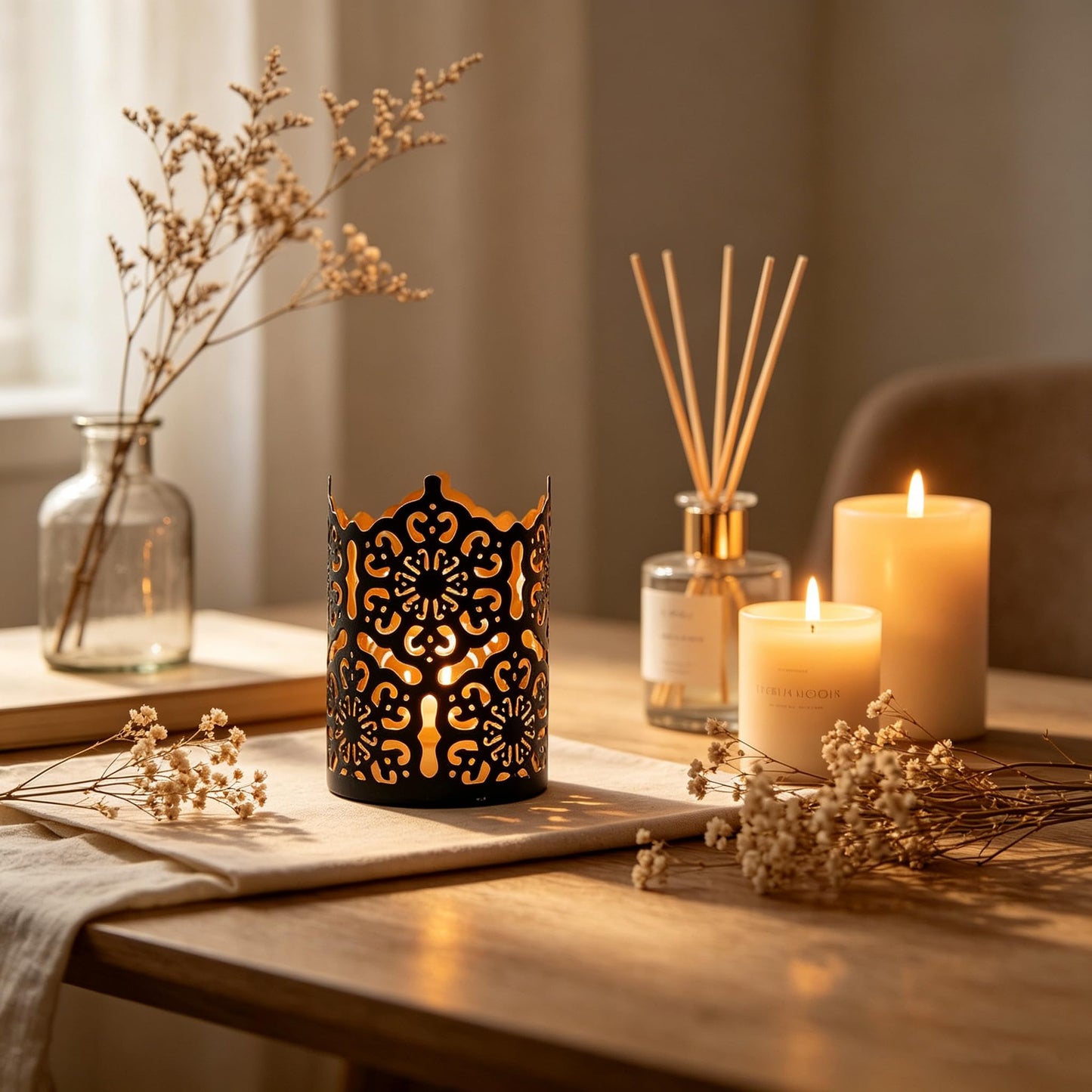 Hosley Set of 3 Black Metal Candle Holders 4 Inch High - Lattice Cut Lanterns for Table Centerpiece, Wedding, Home Decor, Indoor Outdoor