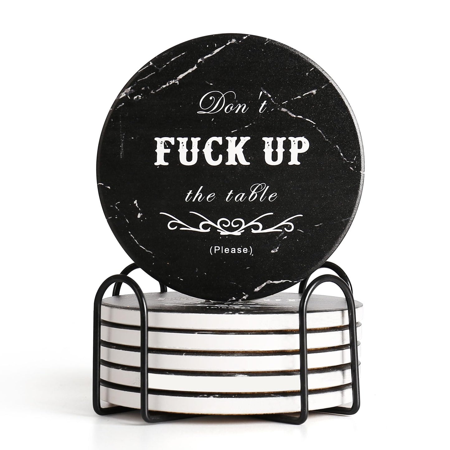 Drink Coasters Set of 6 with Holder, Absorbent Ceramic Coasters with Cork Base for Coffee Table, Rustic Marble Coasters Home Decor Housewarming Gift (Round-Black, 6)