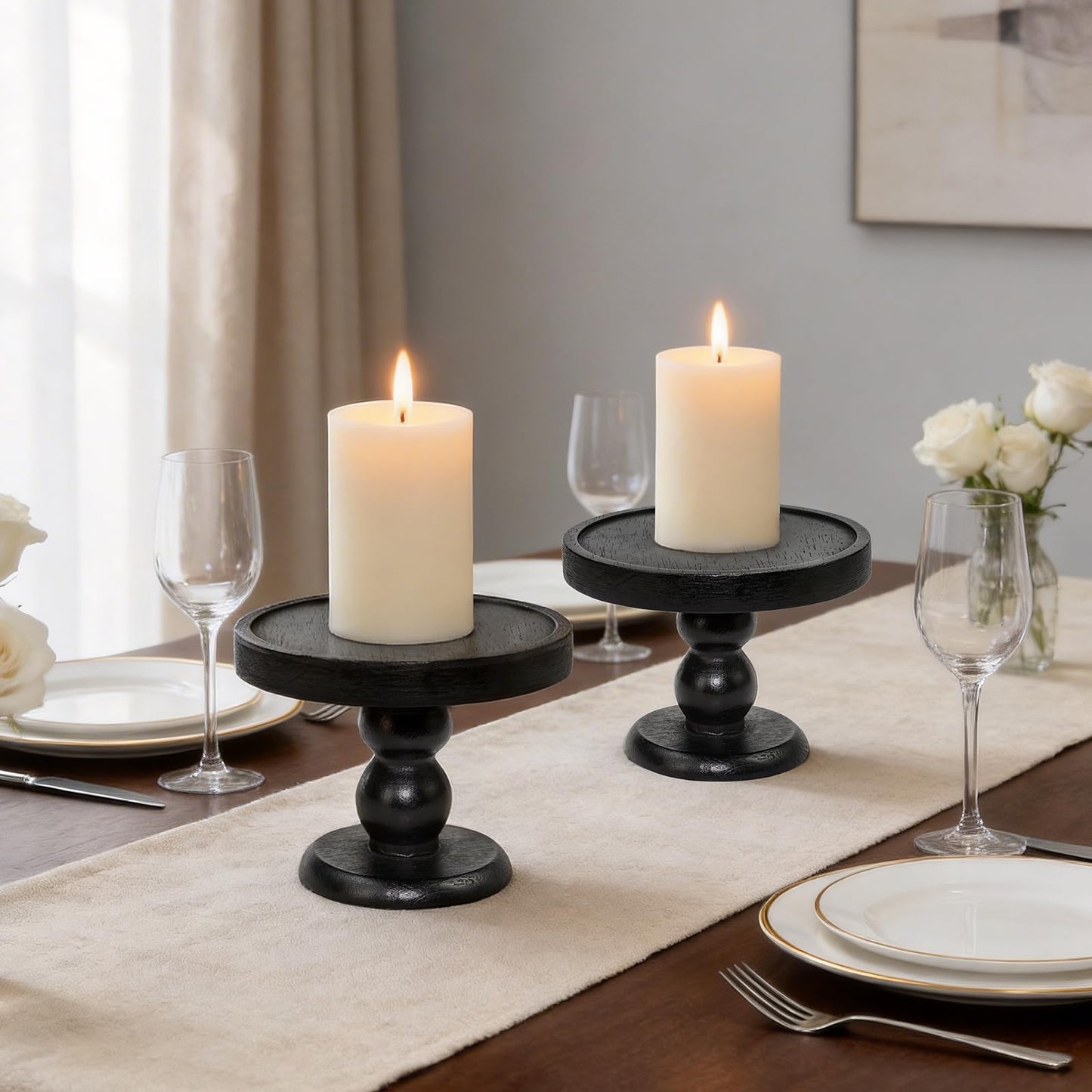 Yleuuiry Black Wood Candle Holder Tray Set of 2 – Rustic Farmhouse Pillar Candle Holders for Fireplace Mantel, Dining Table Centerpiece Decor