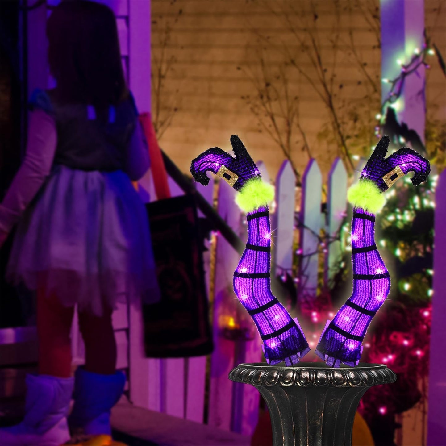 Juegoal Set of 2 Halloween Lighted Wicked Purple Witch Legs with Stakes, 22" Light Up Tinsel Halloween Yard Sign Prop Timer & 8 Modes, Battery Operated for Outdoor Party Haunted House Garden Decor