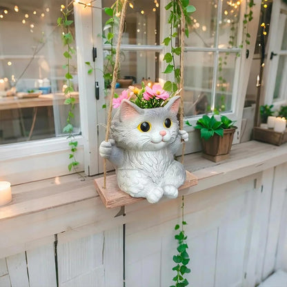 Pyoimmne Cat Hanging Planters for Indoor Outdoor Plants, Small Cute Hanging Pots for Succulent, String of Pearls Plant, Resin Hanging Flower Pots with Drainage Hole, Unique Gift, Garden Home Decor