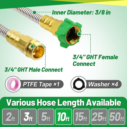 Short Garden Hose with Male to Female Connector - 10ft Metal Leakproof Leader Hose for Hose Reel, Heavy Duty 304 Stainless Steel Flexible Hose for Outdoor Garden Watering Car Pet Cleaning