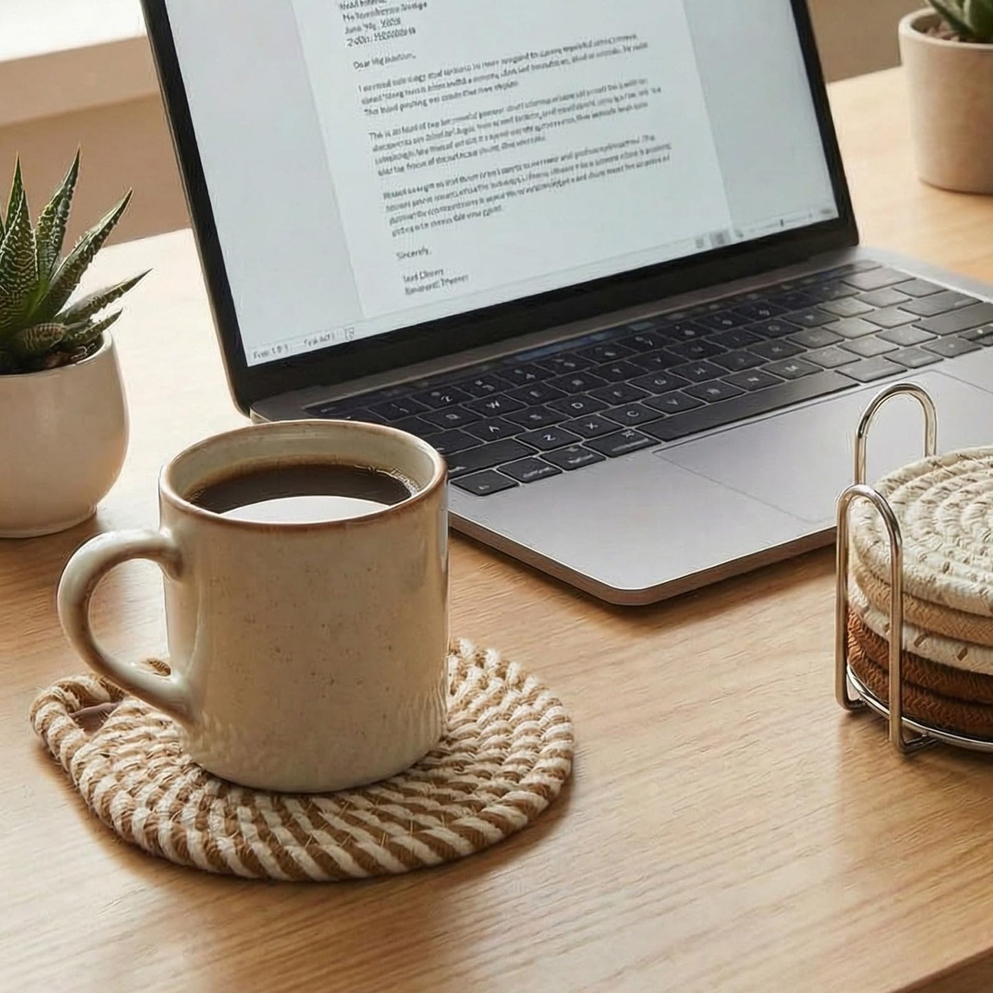 shuielai 4 Pack Cat Ear Cotton Woven Absorbent Coasters with Metal Holder - Tabletop Protection Cup Coasters for Home Office Decor