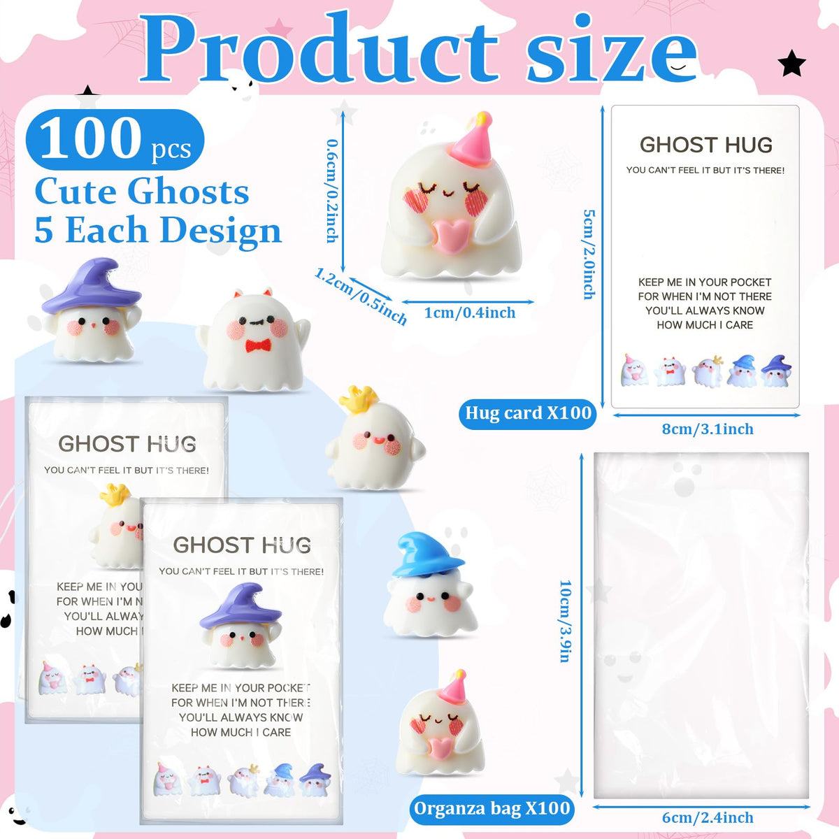 Fiwochic 100 Set Halloween Ghost Pocket Hug Token Gifts Bulk Mini Resin Ghosts Figurines with Cards and Bags Cute Miniature Halloween Party Favors Classroom Rewards Trick or Treat Goodies Bag Filler