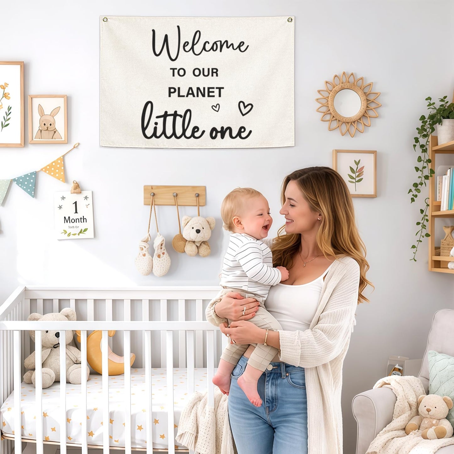 Welcome to Our Planet Rectangular Banner-Flag Sign for Nursery Playroom Kindergarten Bedroom Wall Decor,Baptism Baby Shower Birthday Christmas Gift for Baby Girl Boy Kids-28.5"L×20"W