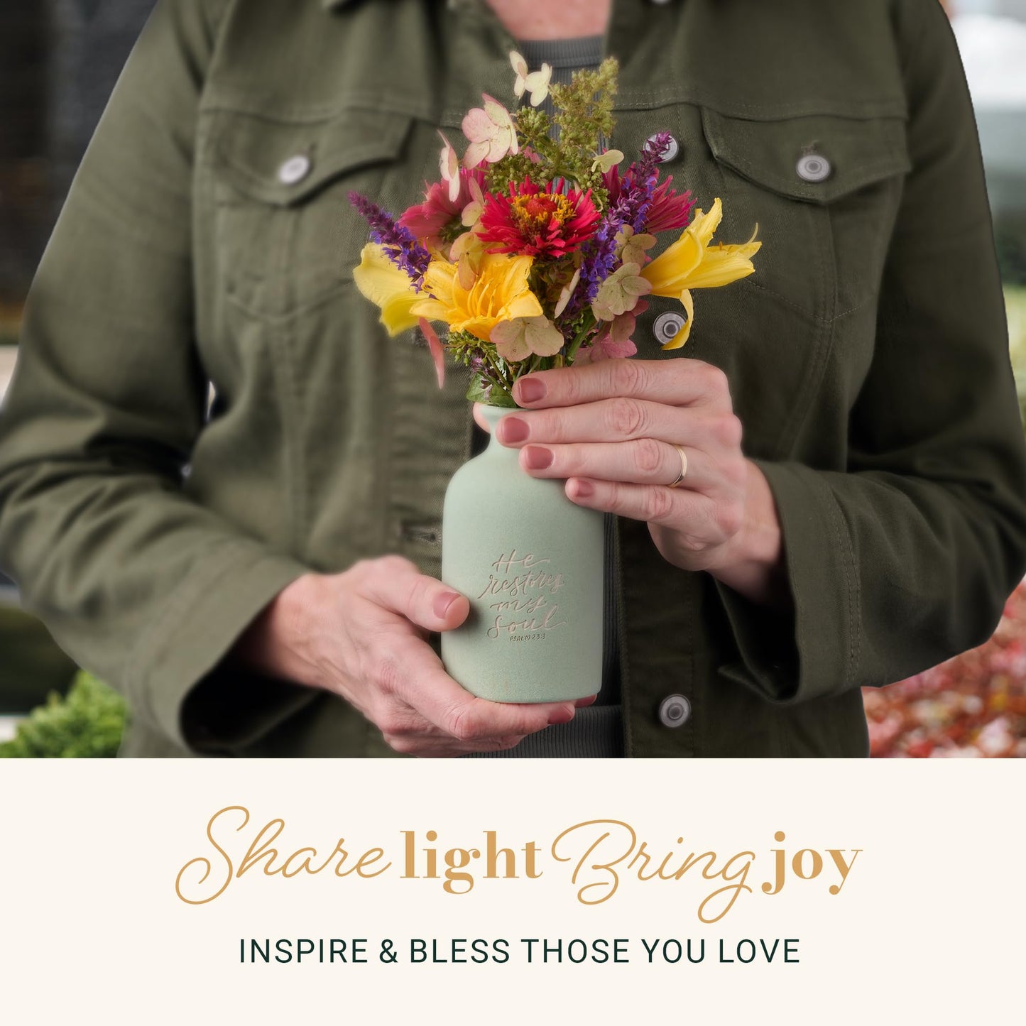 Christian Art Gifts Small Ceramic Scripture Table Vase for Flowers & Plants: He Restores My Soul Inspirational Bible Verse Home Décor, Kitchen, Bathroom, Living Room, Light Mint Green
