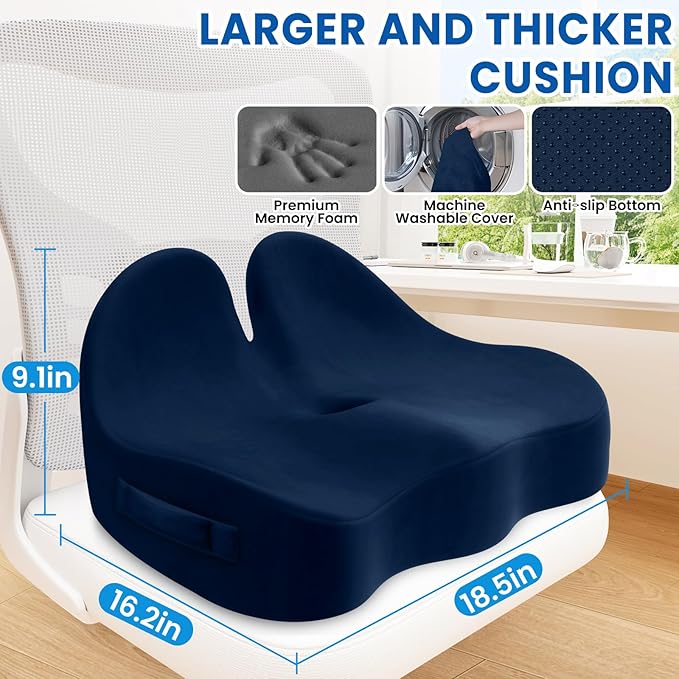 Seat Cushion, Chair Cushions for Office Chairs/Desk Seats/Wheelchair - Hip&Sciatica&Tailbone Pain Relief Memory Foam Office Chair Cushion for Long Sitting Office Workers, Blue