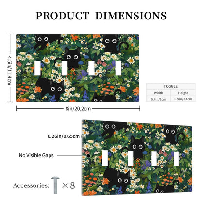 Cute Black/Green Cats Decorative 4-Gang Quad Toggle Light Switch Wall Plate Cover, Nursery Playroom Summer Floral Flower Jungle Quadruple Toggle Device Switches Wall Plate Outlet Covers Standard Size