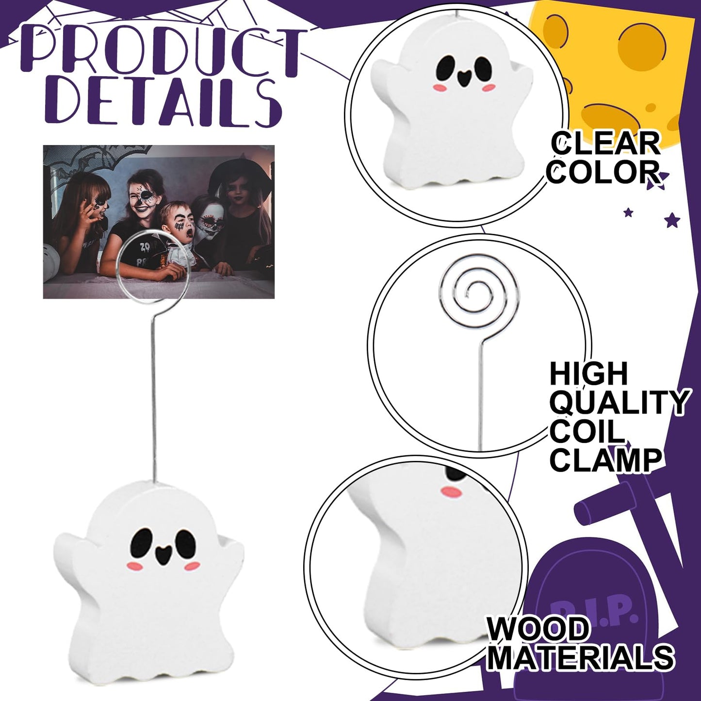 Whaline 12 Pcs Halloween Wooden Place Card Holders Ghost Pumpkin Black Cat Table Number Holder Display Stand for Party Home Office Table Setting Supplies