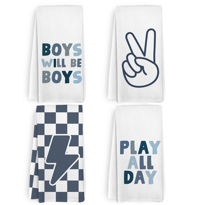 KFXHANGD Blue Boys Kids Hand Tea Towel Set of 4 for Bathroom, Blue Checkered Dish Towels, Motivational Affirmation Decorative Dish Tea Towel for Kitchen, Boys Bathroom Decor, 16x24 Inches