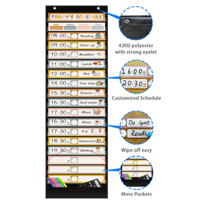 REGELETO Boho 18+1 Pockets Daily Schedule Pocket Chart, 30 pcs Double-Sided Reusable Cards, Scheduling Pocket Chart for Classroom Office Home School Activity(Black)