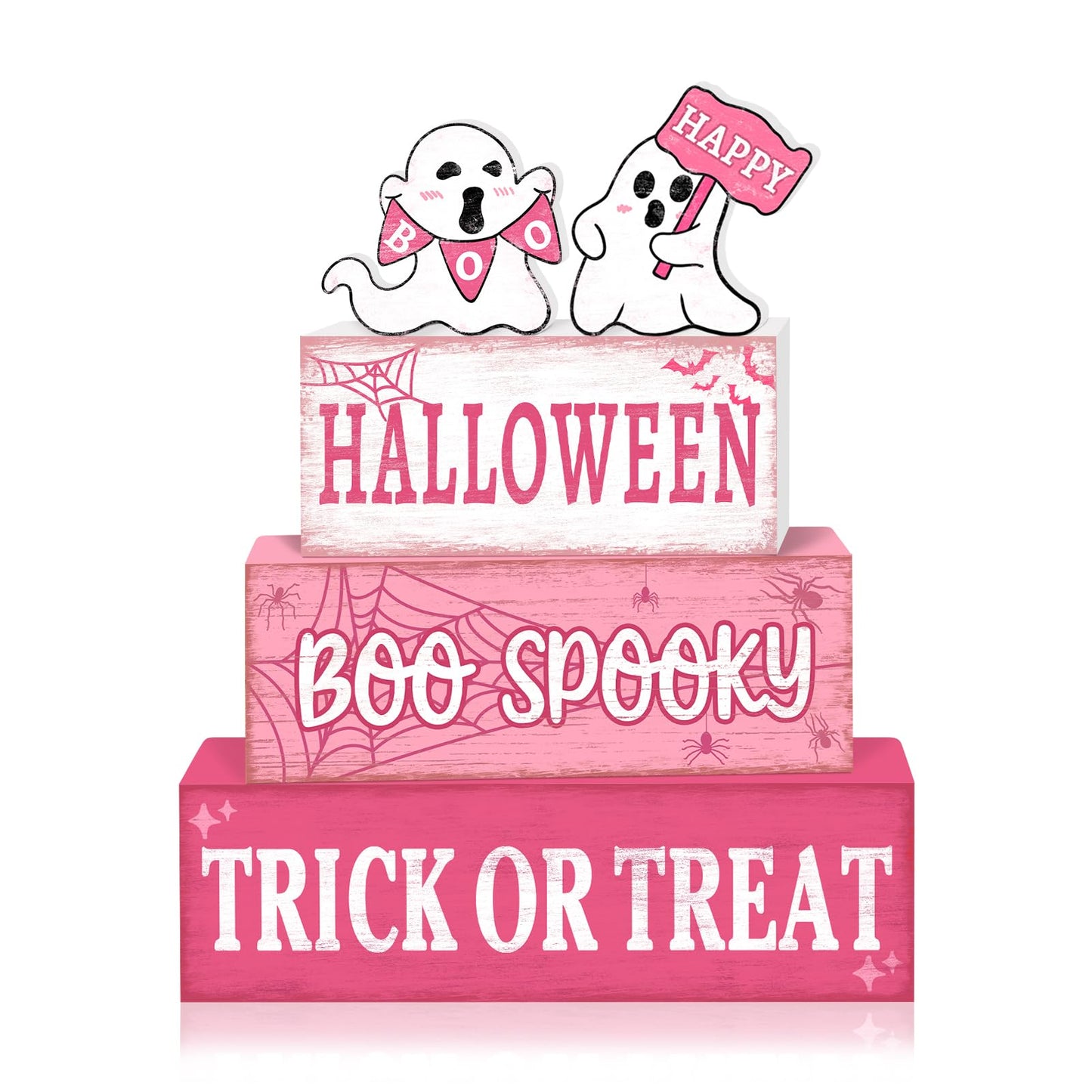 4 Pcs Pink Halloween Decor Indoor Wooden Tiered Tray Decorations, Pink Ghost Halloween Table Decor Farmhouse Tabletop Centerpieces for Farmhouse Home Kitchen Mantel Office