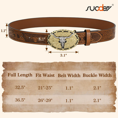 SUOSDEY Kids Western Cowboy Belt for Boys Girls,Toddler Cowgirl Embossed Leather Belt with Longhorn Bull Buckle