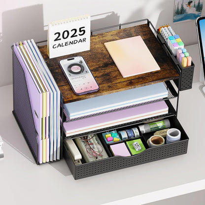 Wood Desk Organizers and Accessories with File Holder, 4-Tier Desk Accessories & Workspace Organizers with Drawer and Pen Holder, Paper Organizer for Office Supplies (Wood)
