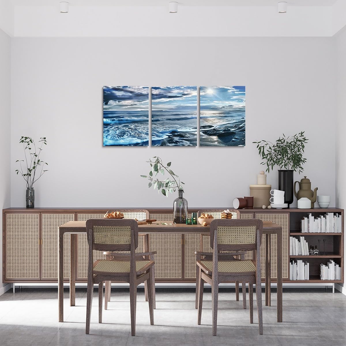 Canvas Wall Art Set of 3 for Living Room Bedroom, Blue Beach Paintings Wall Decor Ocean Sea Wave Print Wall Art Ocean Scenery Poster Prints for Bathroom Home Decor,Rustic Farmhouse Artwork Decor