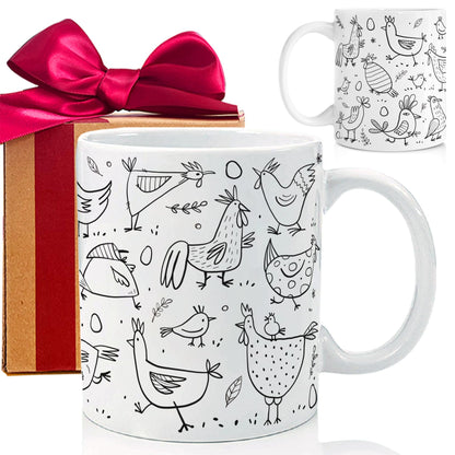 Funny Chicken Design Coffee Mug for Poultry Lovers - Farmhouse Ceramic Cup with Flock Illustration, Country Style Gift for Women & Men, Christmas Birthday Present-258