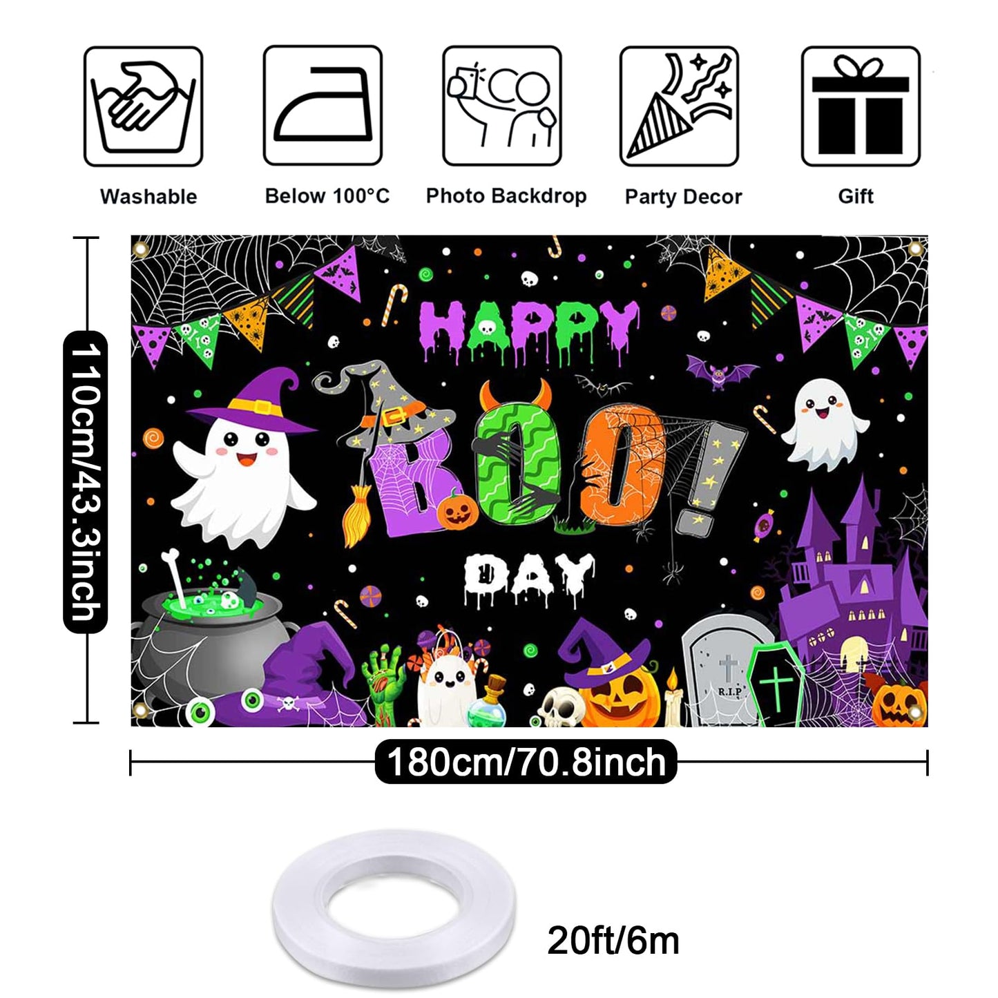 Mocsicka Happy Boo Day Banner Backdrop Halloween Happy Birthday Banner Purple Cute Ghost Happy Boo Day Halloween Birthday Decorations Photo Booth Props 70.8x43.3(inch)
