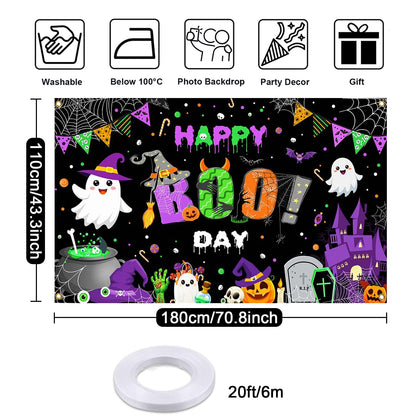 Mocsicka Happy Boo Day Banner Backdrop Halloween Happy Birthday Banner Purple Cute Ghost Happy Boo Day Halloween Birthday Decorations Photo Booth Props 70.8x43.3(inch)
