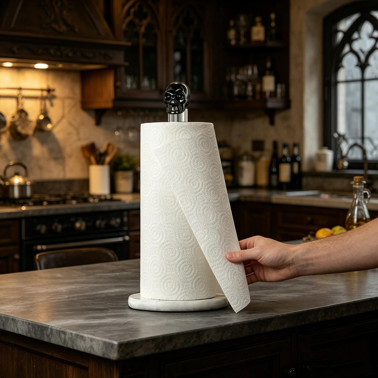 Homestia Skull Paper Towel Holder - Black Obsidian Gothic Marble Stainless Steel Countertop Stand, Weighted Non-Slip Base, Fits Standard & Jumbo Rolls for Kitchen Bathroom