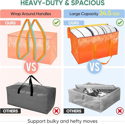 BALEINE 6-Pack Oversized Moving Bags with Reinforced Handles, Heavy-Duty Storage Tote for Clothes, Moving Supplies (Orange, 6-Pack)