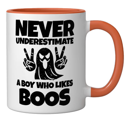 Never Underestimate A Boy Who Likes Boos Ghost Halloween Ceramic Mug, Orange/White